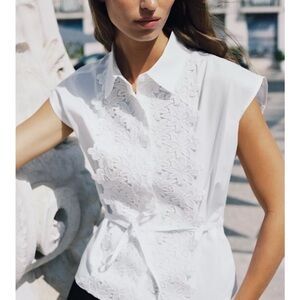Zara White Floral Embroidered Blouse